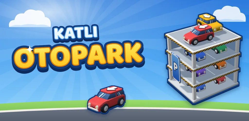 Katlı Otopark logosu, katlı otopark binası ve kırmızı oyuncak araba